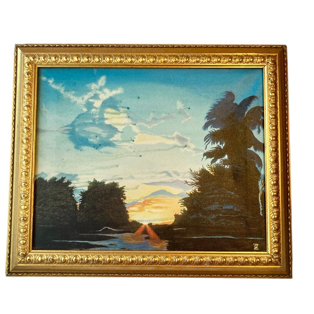 Vintage Florida Highwaymen Artist Tropical River Coastal Sunset Picture Signed